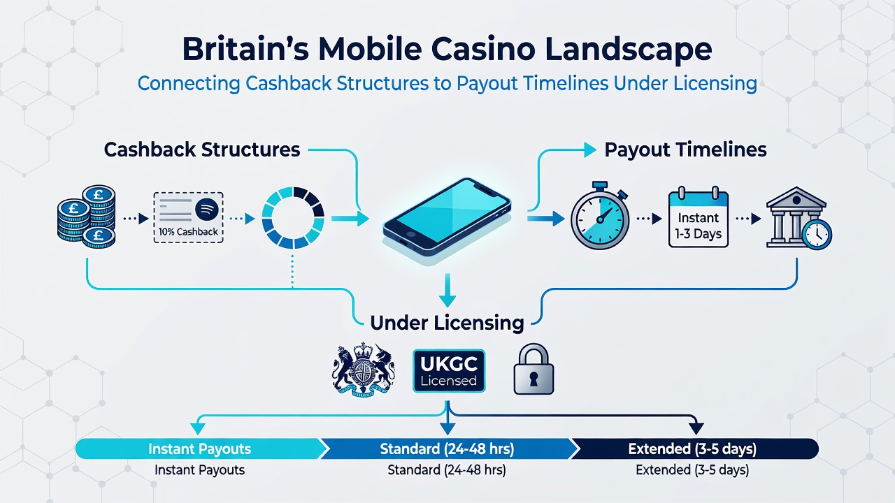 Infographic illustrating cashback payout process and regulatory compliance steps for mobile casinos