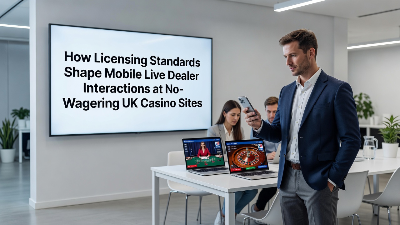 Close-up of a live dealer table viewed through a smartphone screen with regulatory compliance badges visible